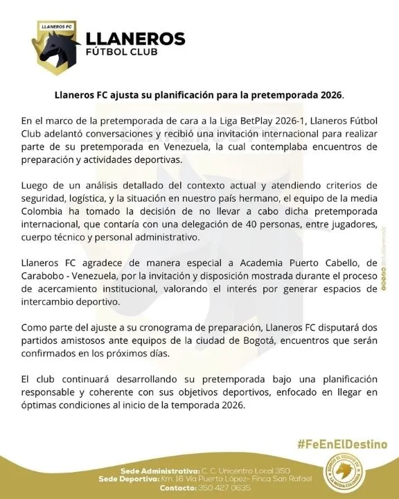 Comunicado de Llaneros sobre su pretemporada en Venezuela.